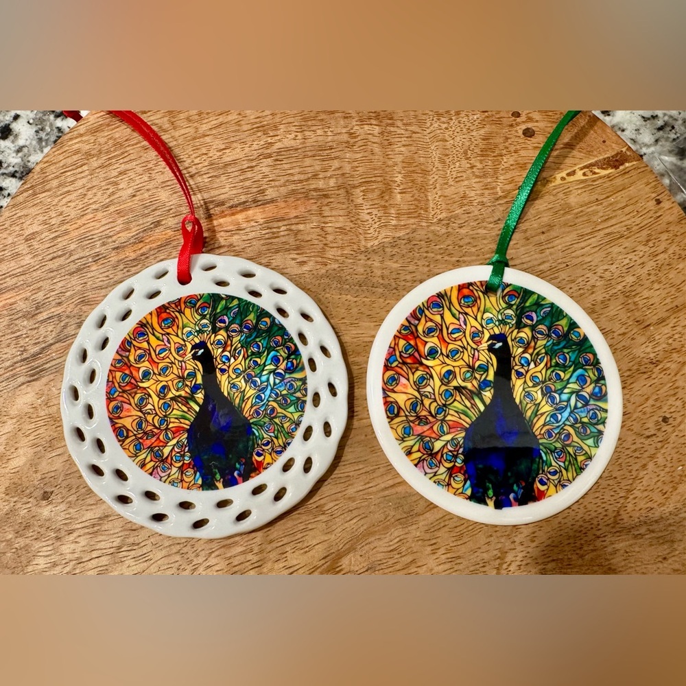 Vibrant Peacock Holiday Ceramic Ornaments with Ribbon NIB